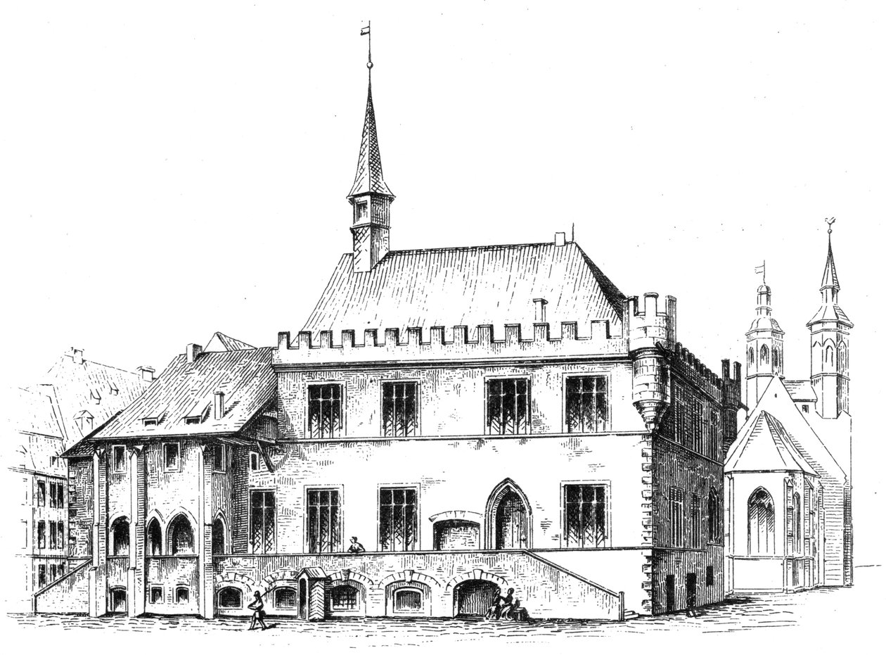Stará radnice v Göttingenu v jižním Dolním Sasku, kresba H. W. H. Mithoffa 1869. Původní titulek od Hector Wilhelm Heinrich Mithoff
