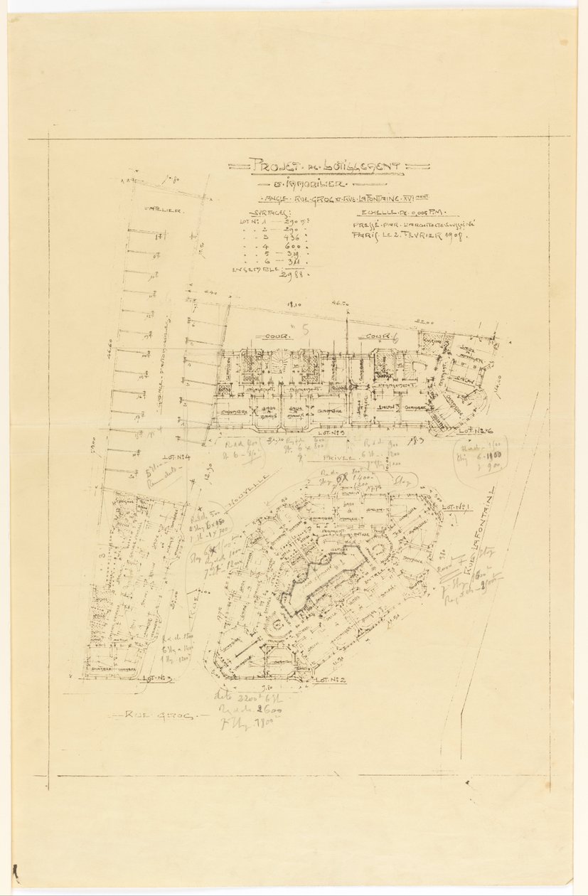 Plan, Project de Lotnement, rue Gros a rue de la Fontaine, Paříž od Hector Guimard