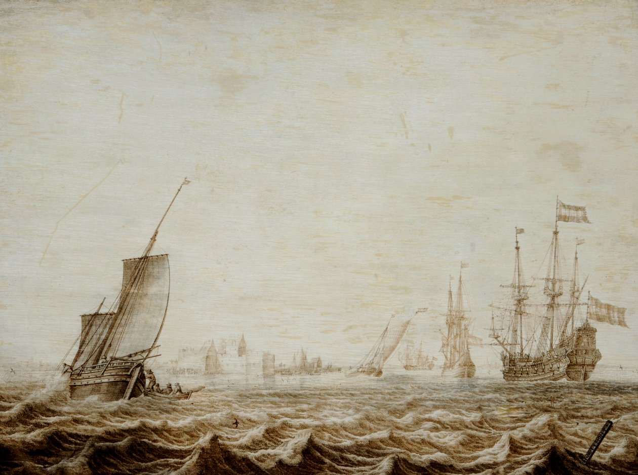 Wijdschip spouštějící plachtu na rozbouřeném moři, polovina 17. století (olej na desce) od Heerman Witmont
