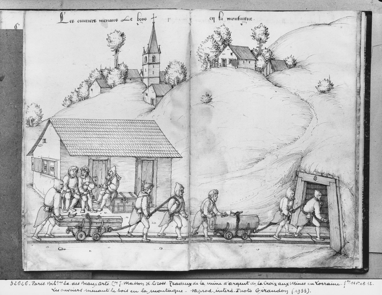 Stříbrný důl La Croix-aux-Mines, Lorraine, fol.11v a fol.12r, horníci přinášející dřevo do dolu, kolem 1530 (pero a inkoust a wc na papíře) od Heinrich Gross or Groff