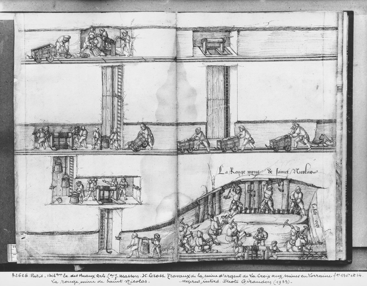 Stříbrný důl La Croix-aux-Mines, Lorraine, fol. 13v a fol. 14r, červený důl sv. Mikuláše, kolem 1530 (pero a inkoust a wc na papíře) od Heinrich Gross or Groff