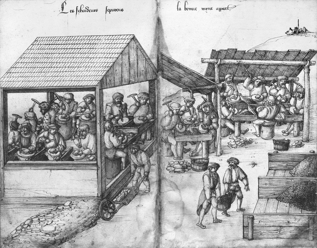 Stříbrný důl La Croix-aux-Mines, Lorraine, fol.15v a fol.16r, horníci třídící rudu, kolem 1530 (pero a inkoust a wc na papíře) od Heinrich Gross or Groff