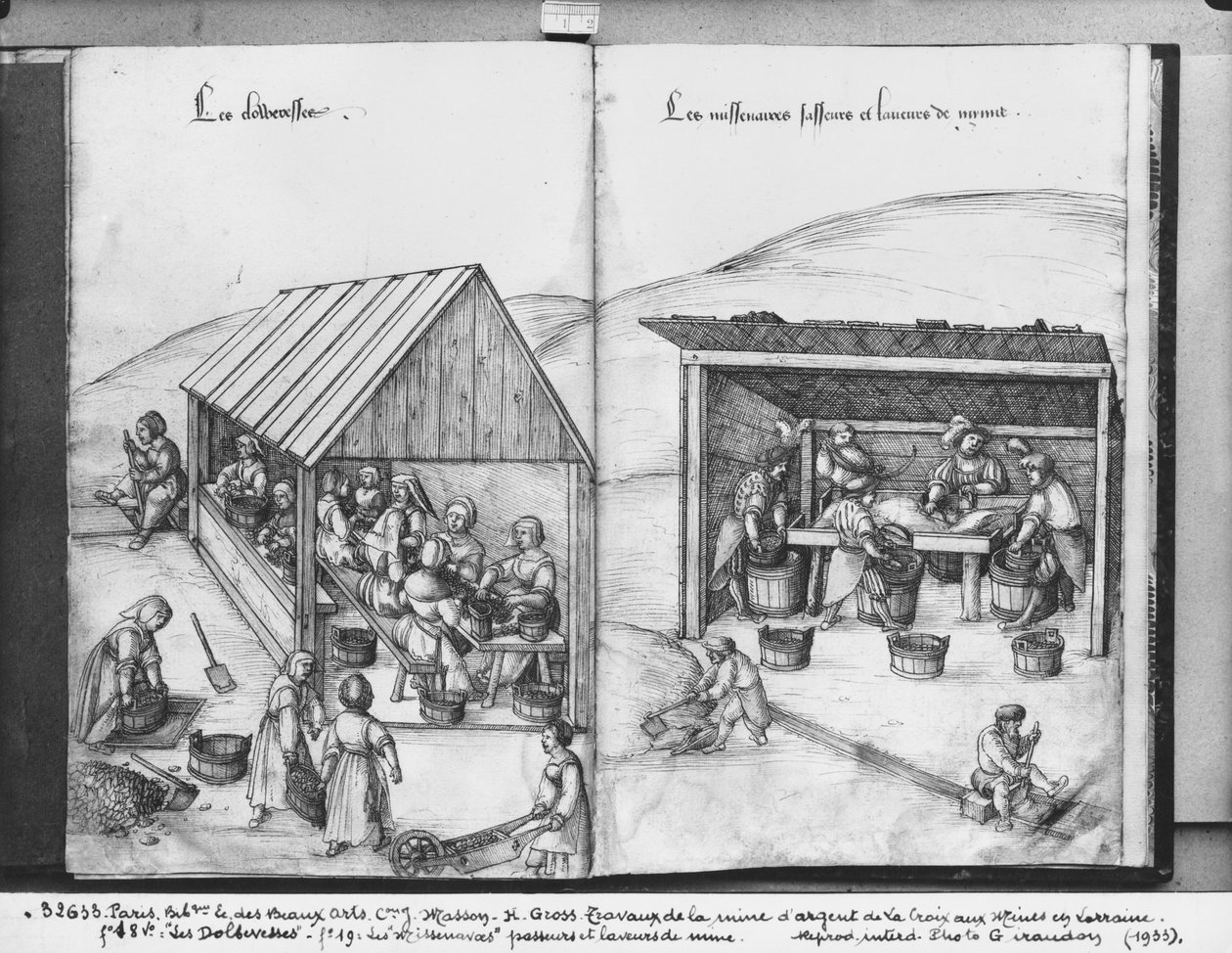 Stříbrný důl La Croix-aux-Mines, Lorraine, fol.18v a fol.19, třídění a praní rudy, kolem 1530 (pero a inkoust a wc na papíře) od Heinrich Gross or Groff