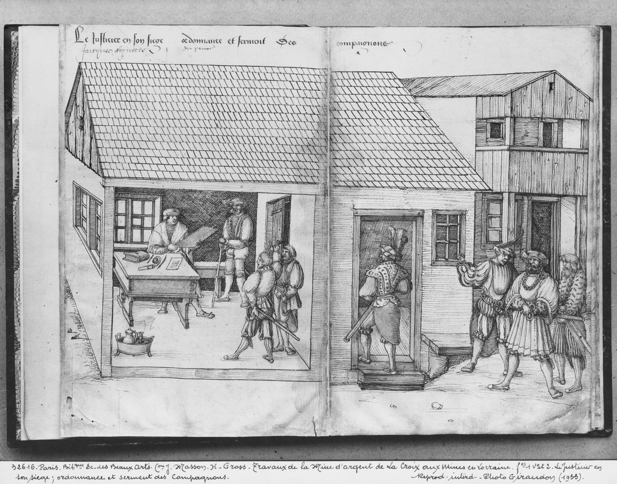 Stříbrný důl La Croix-aux-Mines, Lorraine, fol.1v a fol.2, soudce dolů, edikt a přísaha společníků, kolem 1530 (pero a inkoust a wc na papíře) od Heinrich Gross or Groff