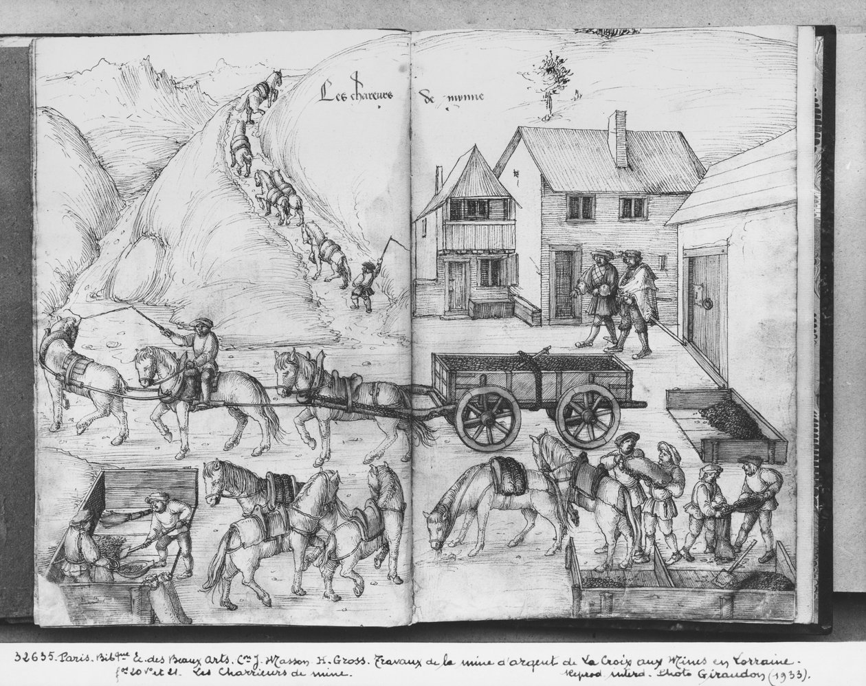 Stříbrný důl La Croix-aux-Mines, Lorraine, fol.20v a fol.21r, přepravující rudu, cca 1530 (pero a inkoust a wc na papíře) od Heinrich Gross or Groff