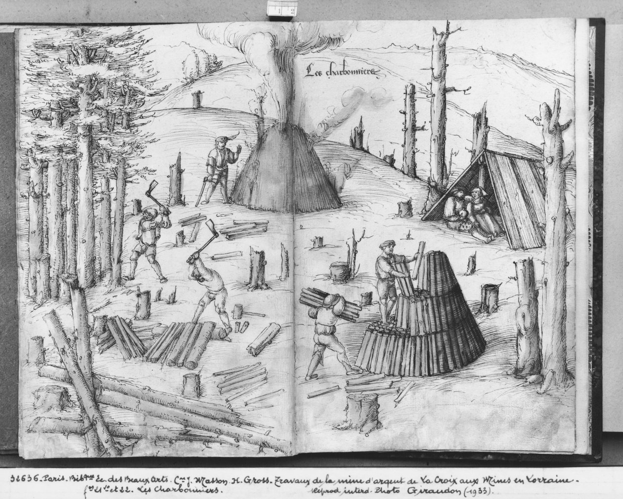 Stříbrný důl La Croix-aux-Mines, Lorraine, fol.21v a 22r, uhlíři, kolem 1530 (pero a inkoust a wc na papíře) od Heinrich Gross or Groff