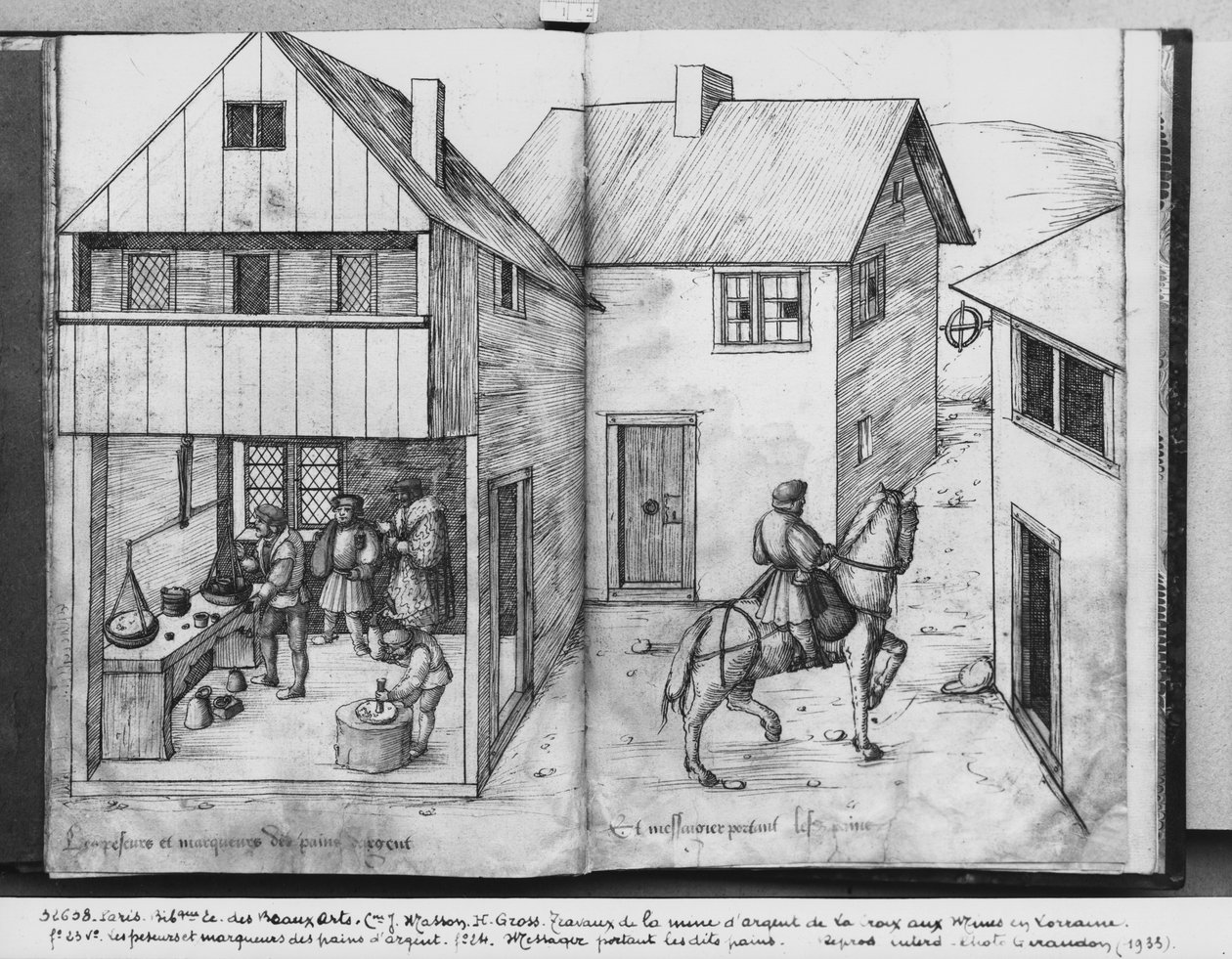 Stříbrný důl La Croix-aux-Mines, Lorraine, fol.23v a fol.24r, vážení a ražení stříbrných ingotů, posel nesoucí ingoty, kolem 1530 (pero a inkoust a wc na papíře) od Heinrich Gross or Groff