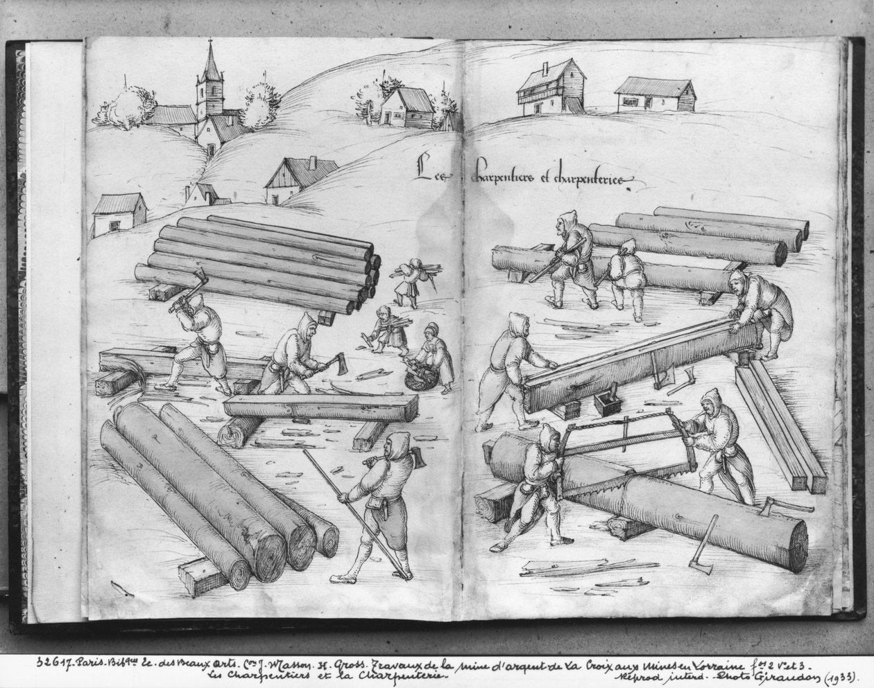 Stříbrný důl La Croix-aux-Mines, Lorraine, fol.2v a fol.3r, tesaři a truhlářství, cca 1530 (pero a inkoust a wc na papíře) od Heinrich Gross or Groff