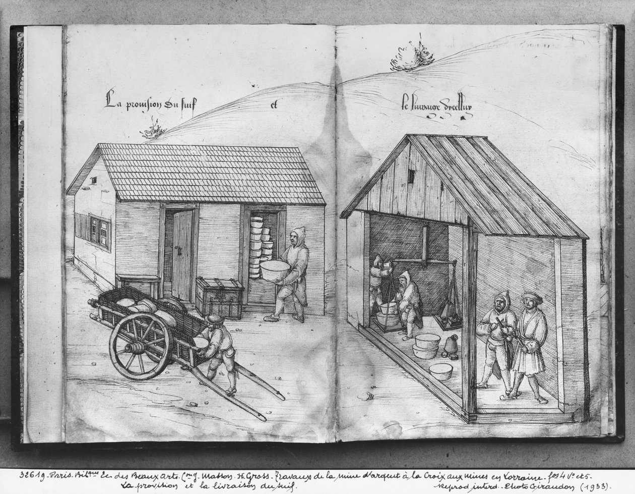 Stříbrný důl La Croix-aux-Mines, Lorraine, fol.4v a fol.5r, dodává a dodává lůj, cca 1530 (pero a inkoust a wc na papíře) od Heinrich Gross or Groff