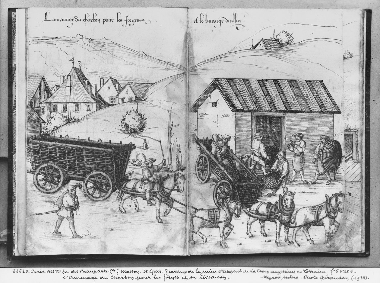 Stříbrný důl La Croix-aux-Mines, Lorraine, fol. 5v a fol. 6r, doprava a dodávka uhlí pro kovárny, cca 1530 (pero a inkoust a wc na papíře) od Heinrich Gross or Groff