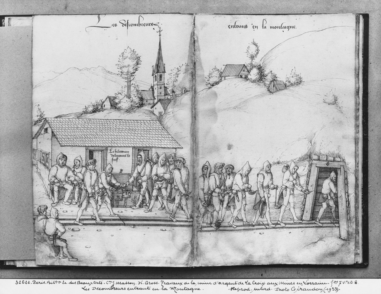Stříbrný důl La Croix-aux-Mines, Lorraine, fol.7v a fol.8r, sběratelé vstupující do dolu, kolem 1530 (pero a inkoust a wc na papíře) od Heinrich Gross or Groff