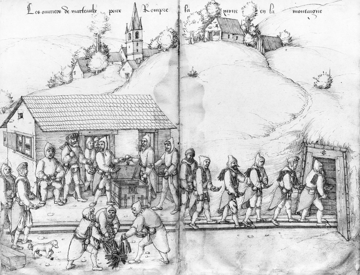 Stříbrný důl La Croix-aux-Mines, Lorraine, fol.9v a fol.10r, horníci a jejich kladiva, kolem 1530 (pero a inkoust a wc na papíře) od Heinrich Gross or Groff