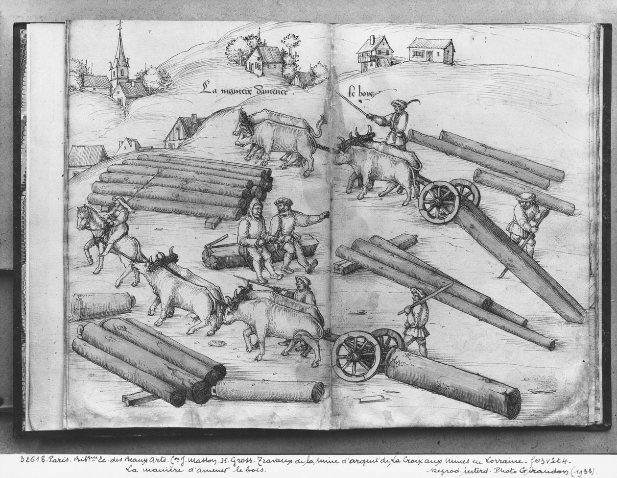 Stříbrný důl La Croix-aux-Mines, Lorraine, fol.3v a 4r, přepravující dřevo, cca 1530 (pero a inkoust a wc na papíře) od Heinrich Gross or Groff