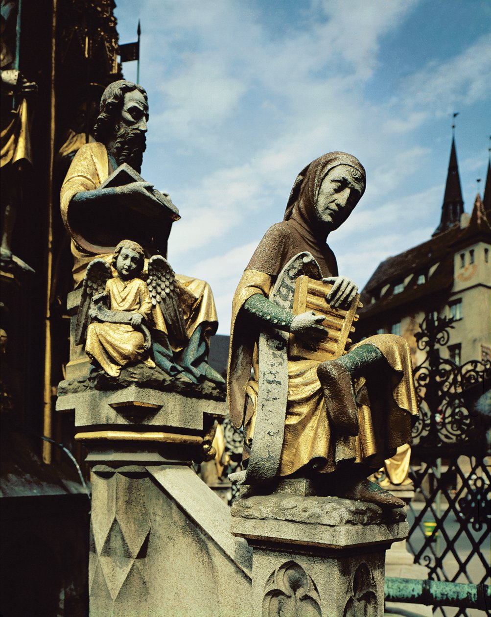 Kašna Schoner Brunnen, detail sv. Matouše a personifikace hudby, 1385-96 od Heinrich Parler