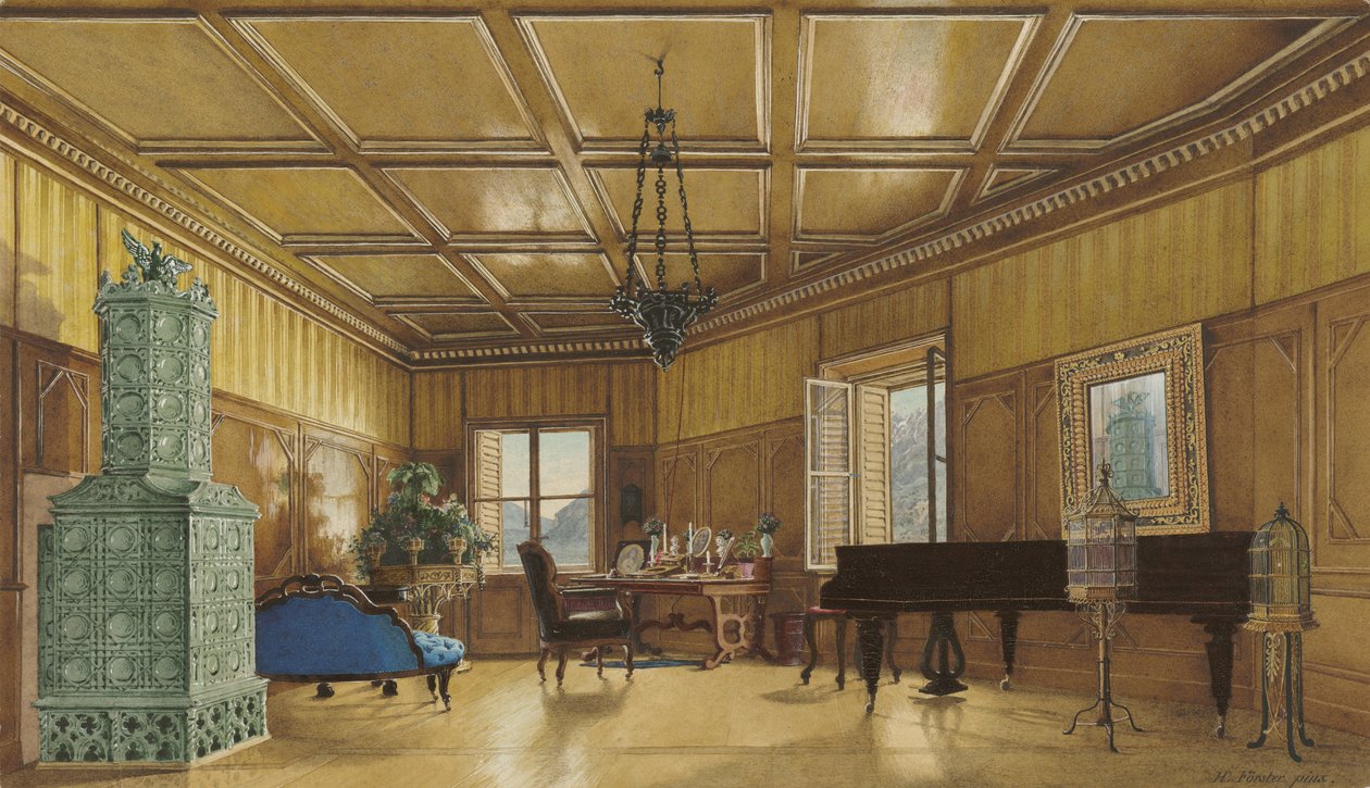 Hudební pokoj arcivévodkyně Margarety, princezny Saské, na zámku Ambras, 1870-9 (akvarel a kvaš na tkaném papíře) od Heinrich von Förster