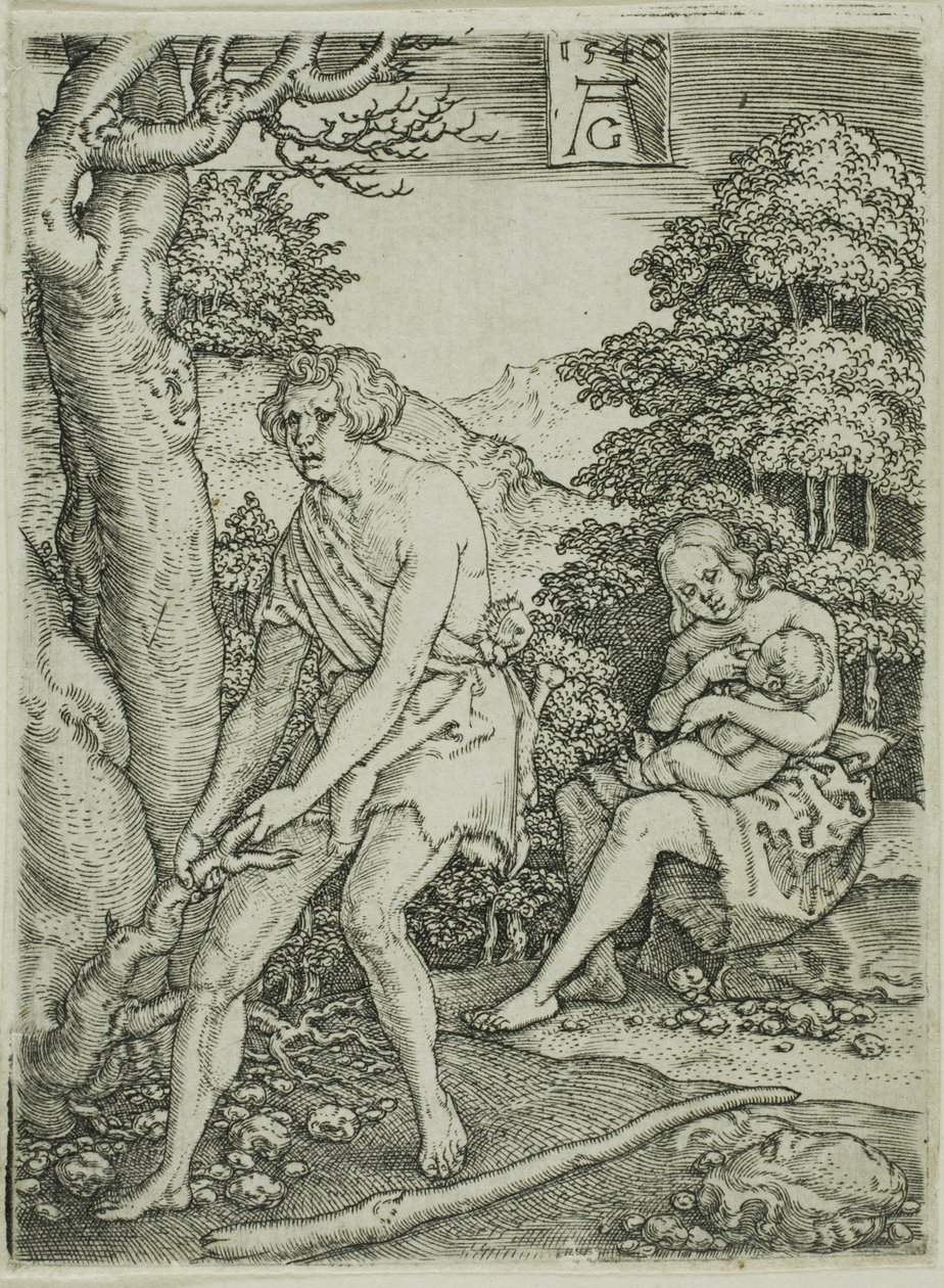 Adam a Eva v práci, z Příběhu Adama a Evy od Heinrich Aldegrever