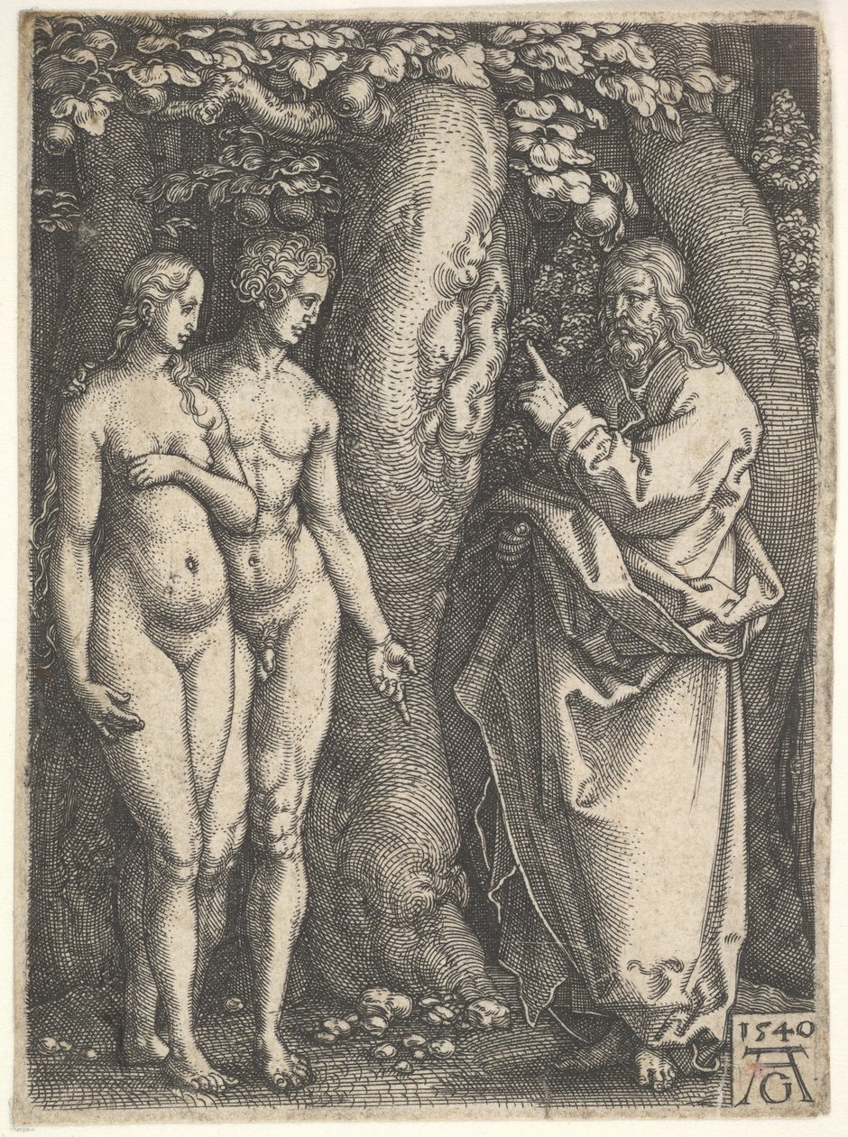 Bůh vpravo zakazuje nahému Adamovi a Evě vlevo jíst ze stromu poznání v..., 1540. od Heinrich Aldegrever