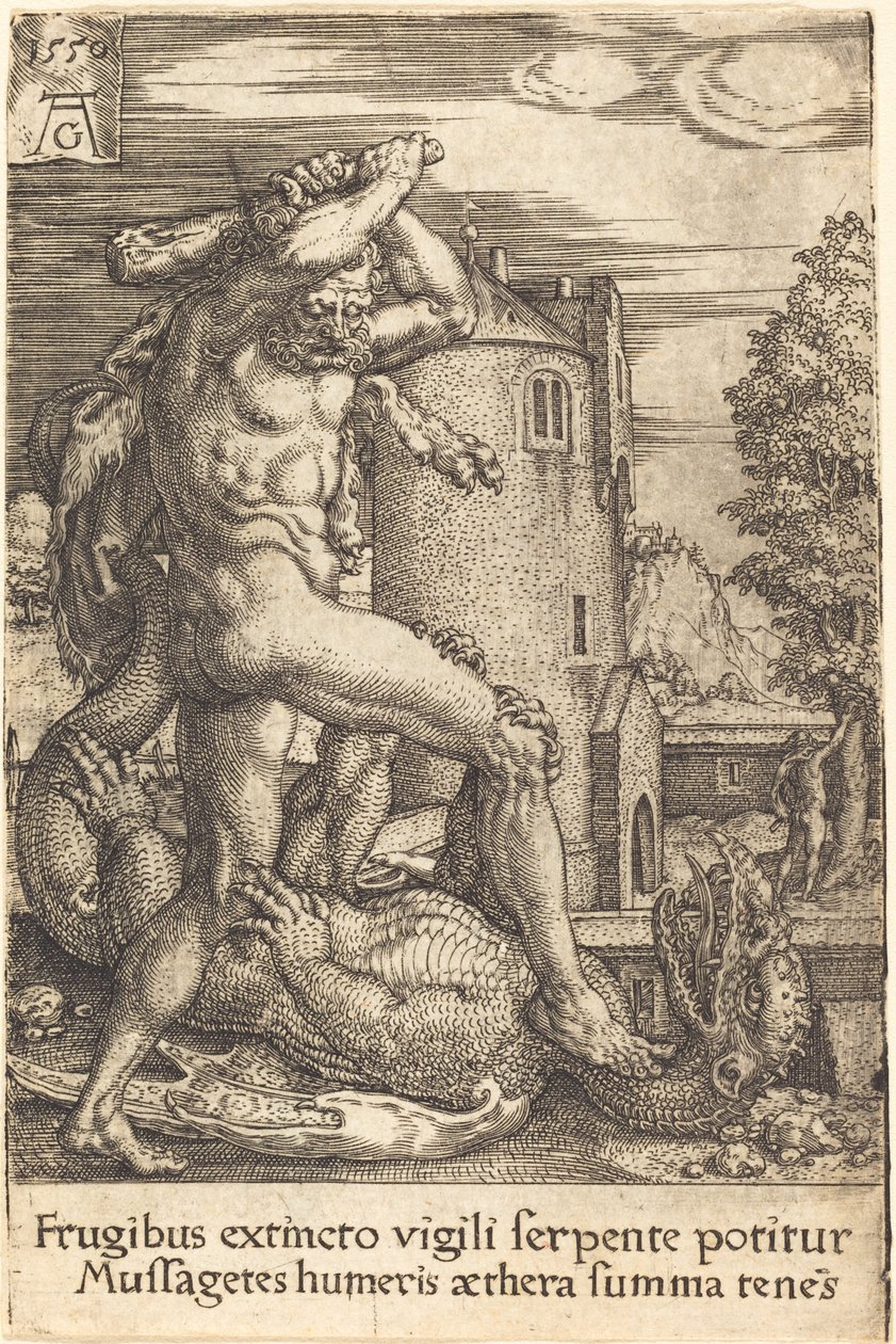 Hercules zabíjející draka od Heinrich Aldegrever