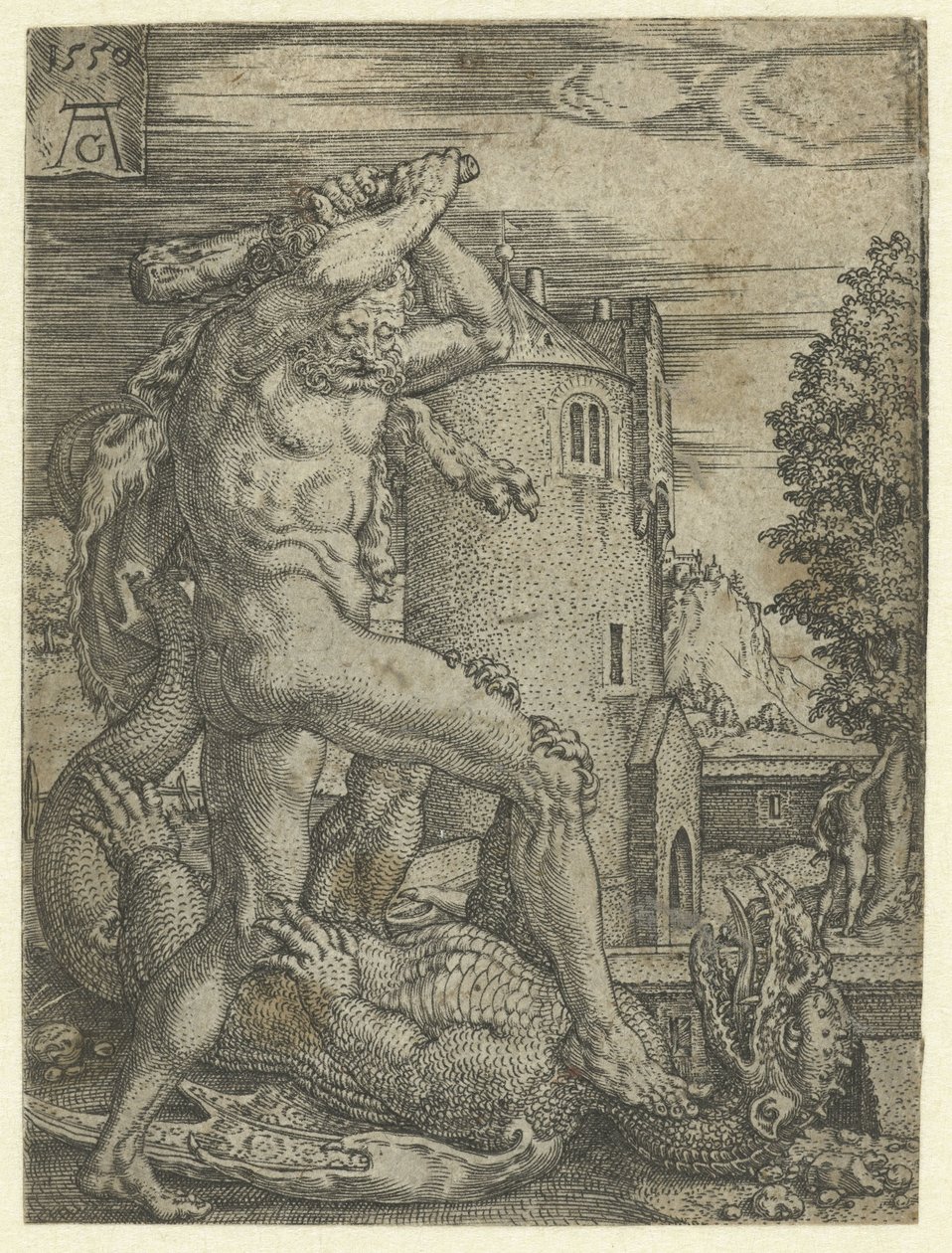 Herkules zabije draka Ladona Labors of Hercules (název série) od Heinrich Aldegrever