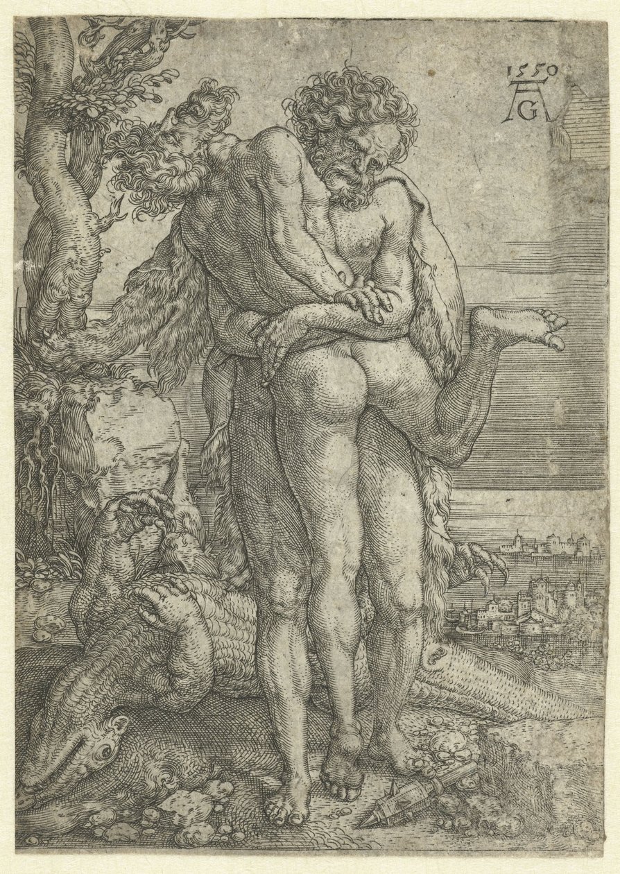 Herkules bojuje s říčním bohem Achelousem Labors of Hercules (název série) od Heinrich Aldegrever
