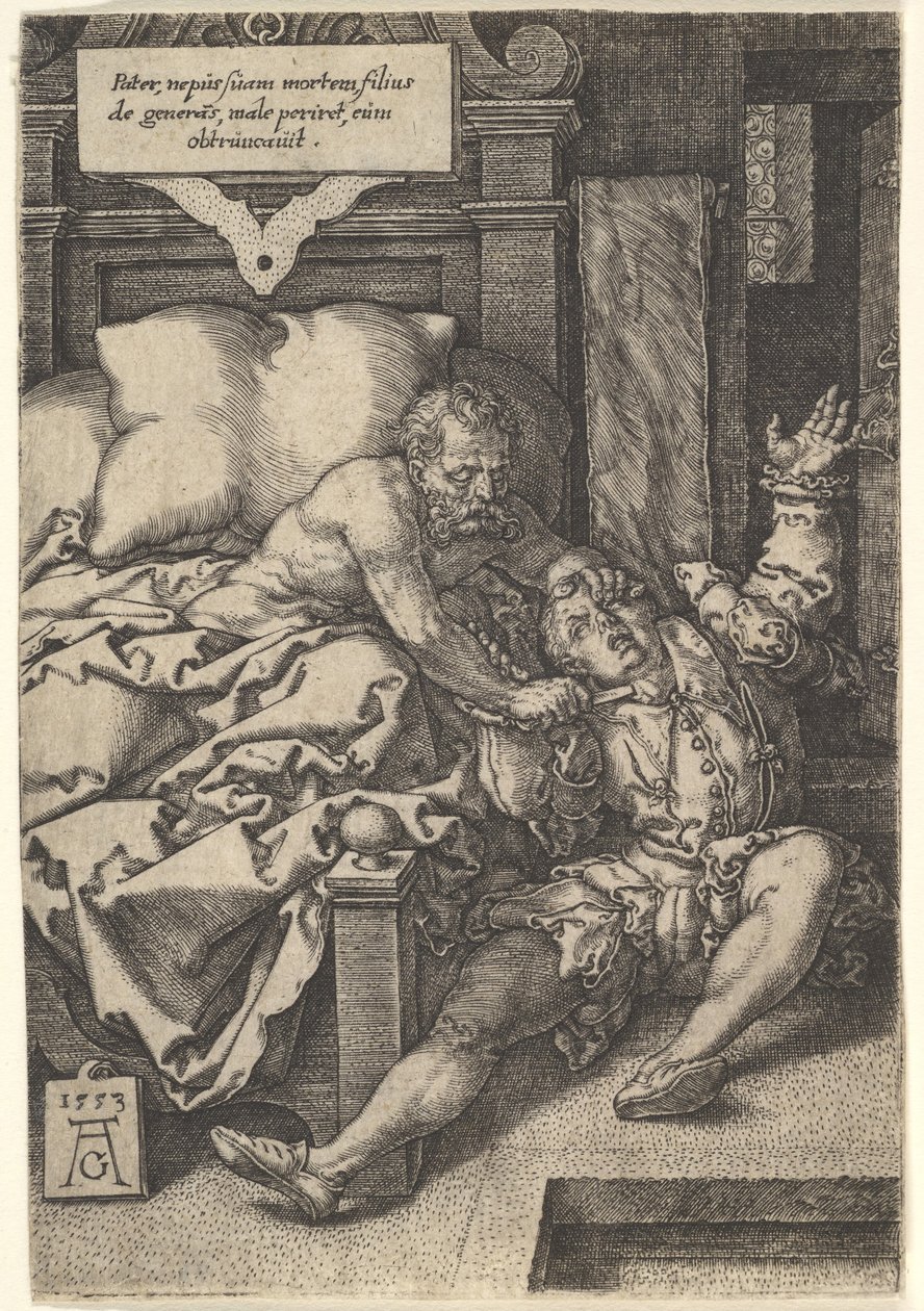 Soudce Herkinbald podřezává hrdlo svému synovci, 1553. od Heinrich Aldegrever
