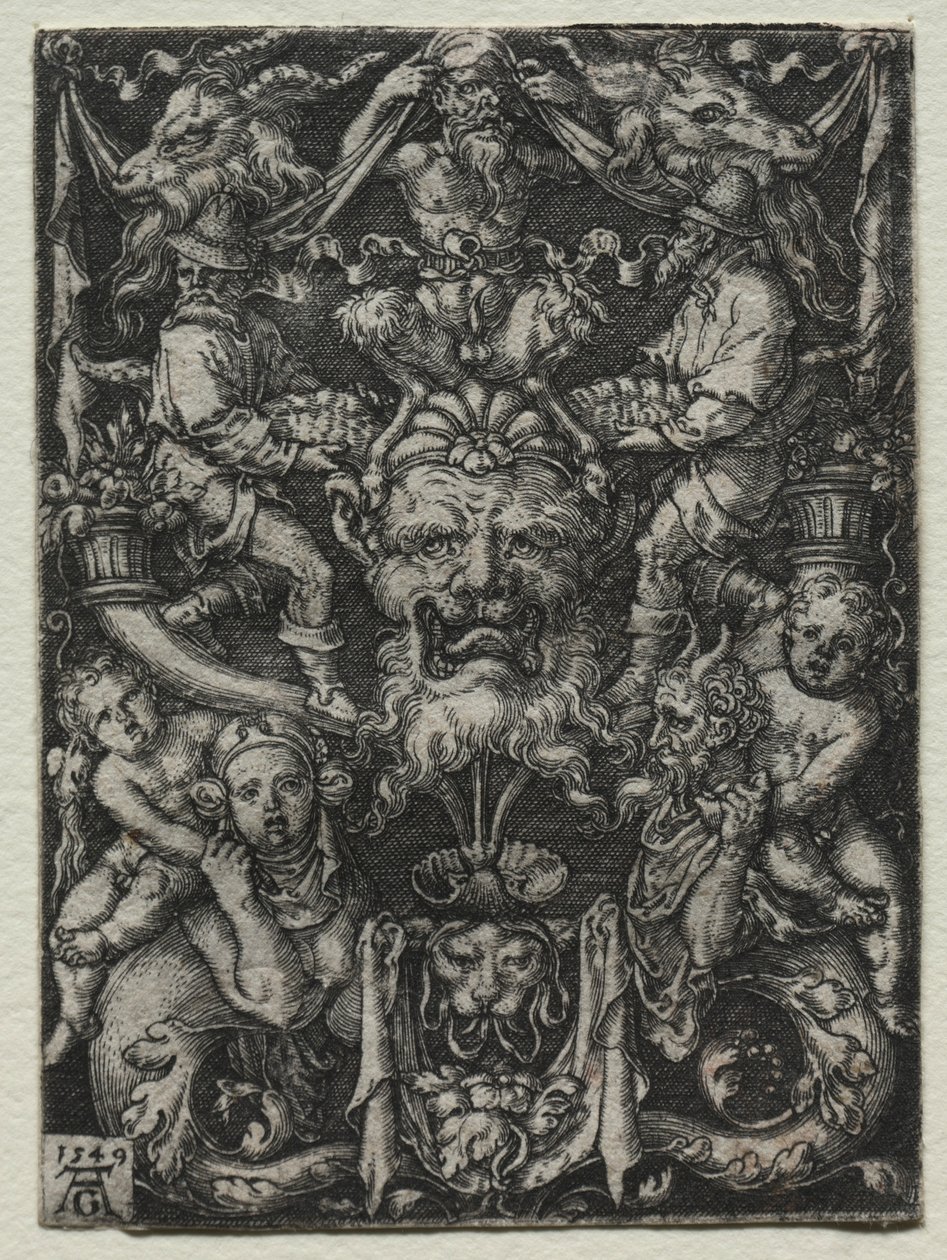 Návrh ozdoby s maskou, pár tritonů a dvě děti dole, 1549. od Heinrich Aldegrever