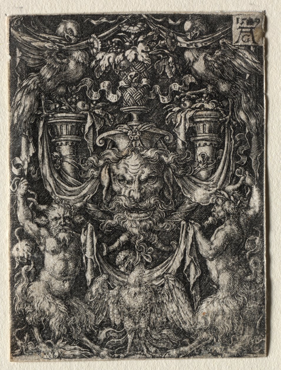 Ornamentový design s maskou a orlem mezi dvěma fauny níže od Heinrich Aldegrever