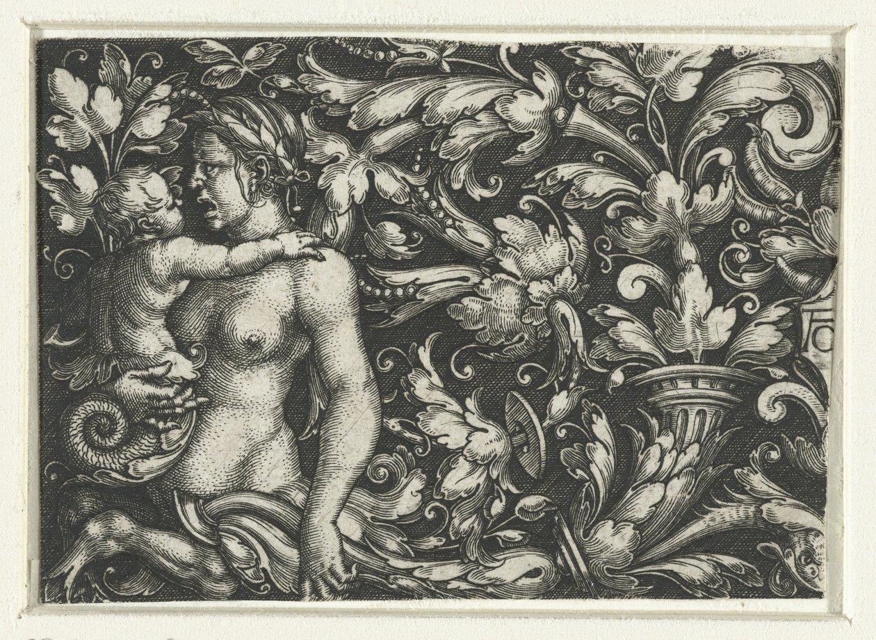 Ornament s listy liány a ženský triton s dítětem od Heinrich Aldegrever
