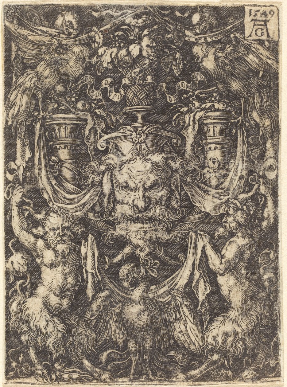 Ornament s maskou, Orel mezi Satyry dole, 1549. od Heinrich Aldegrever
