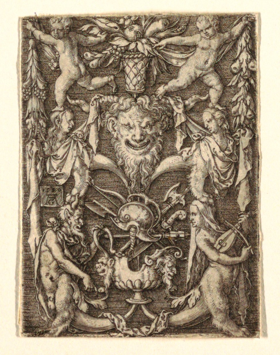 Ornament s maskou a groteskními postavami od Heinrich Aldegrever