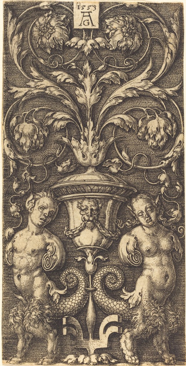 Ornament s vázou a dvěma ženskými postavami, 1553. od Heinrich Aldegrever