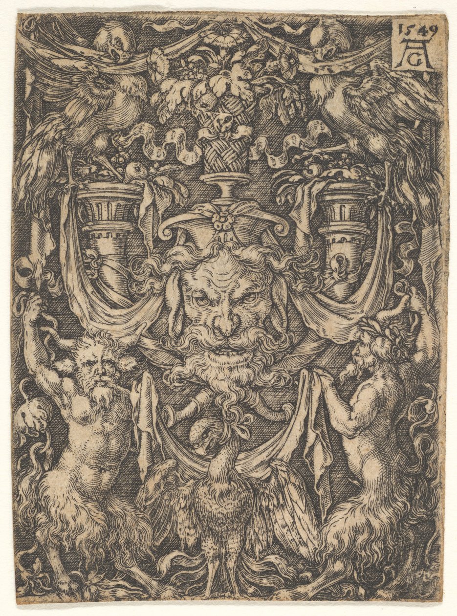 Ornamentální design s maskou a orlem mezi dvěma fauny dole, 1549. od Heinrich Aldegrever