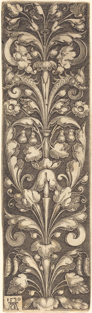 Snítka okrasných listů se dvěma maskami a dvěma delfíny, 1530. od Heinrich Aldegrever