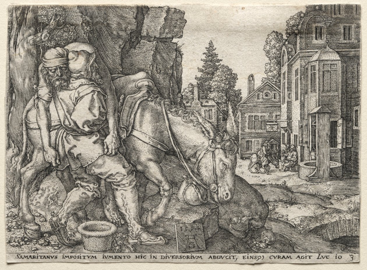 Podobenství o milosrdném Samaritánovi: Dobrý Samaritán nasazuje cestovatele na osla, 1554. od Heinrich Aldegrever