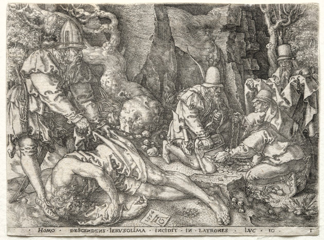 Podobenství o milosrdném Samaritánovi: Lupiči útočící na cestovatele, 1554. od Heinrich Aldegrever