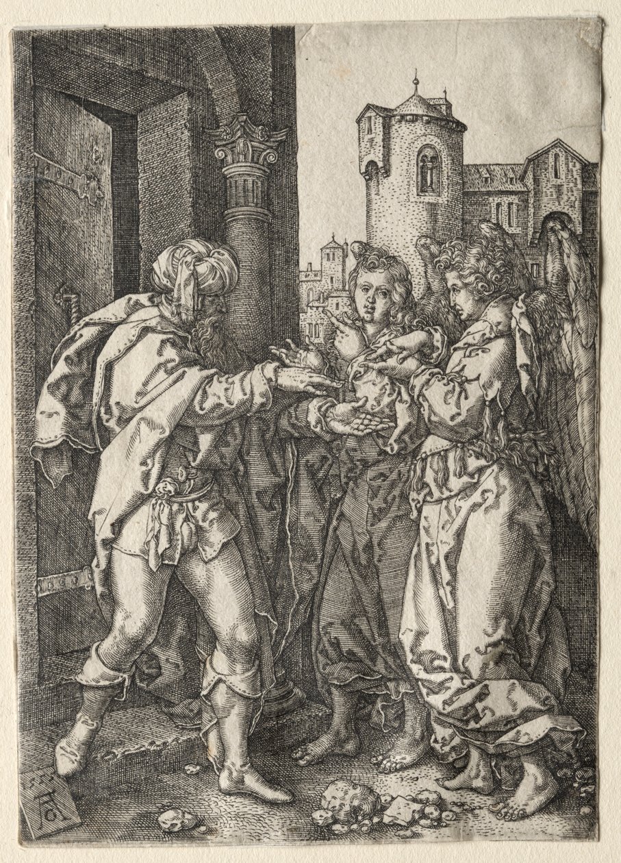 Příběh Lota: Lot vítá anděly od Heinrich Aldegrever