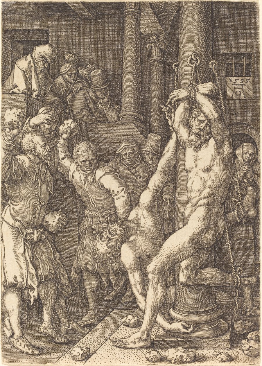 Dva starší ukamenovaní lidmi, 1555. od Heinrich Aldegrever