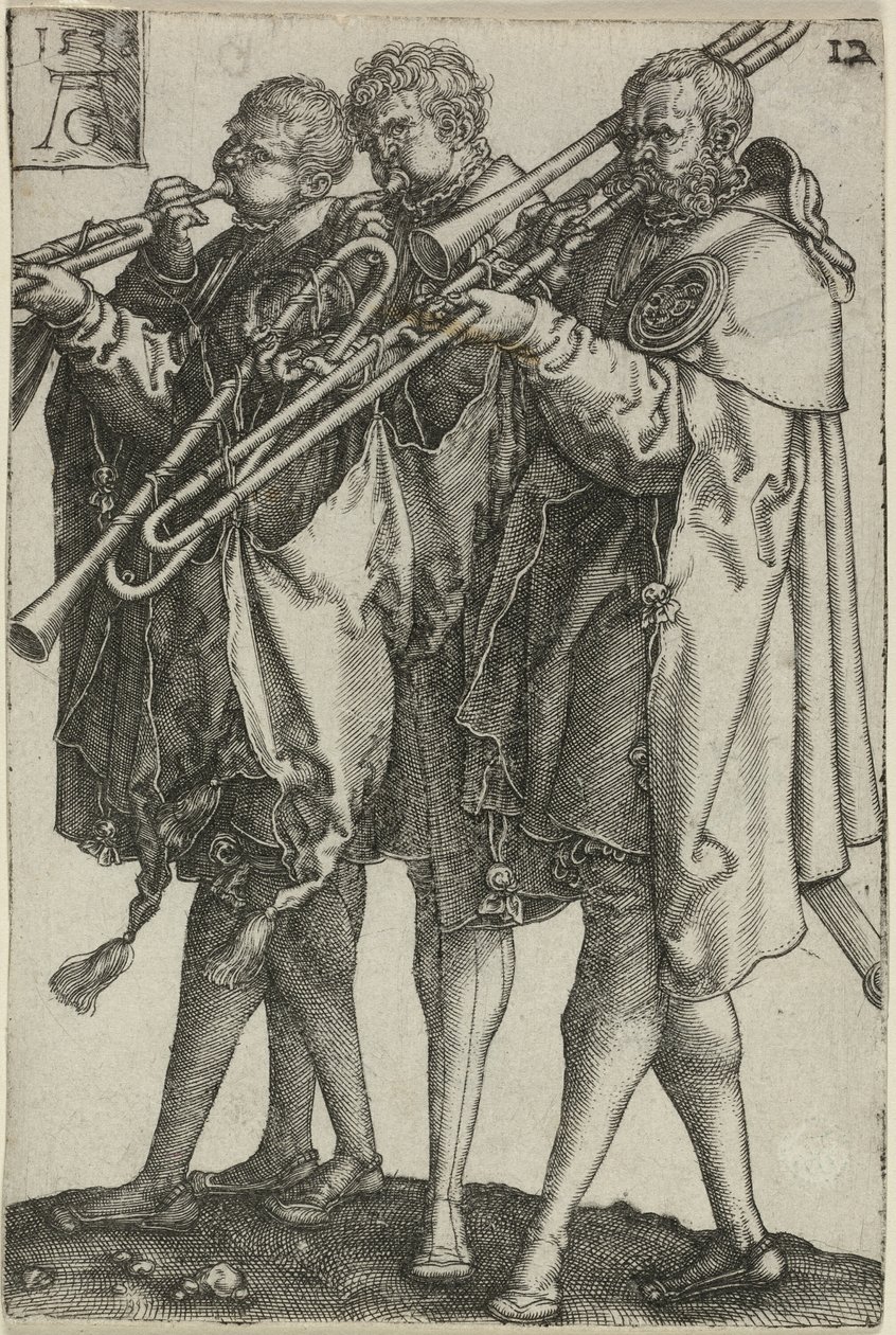 Tři trombonisté, deska dvanáct z The Large Wedding-Dancers od Heinrich Aldegrever