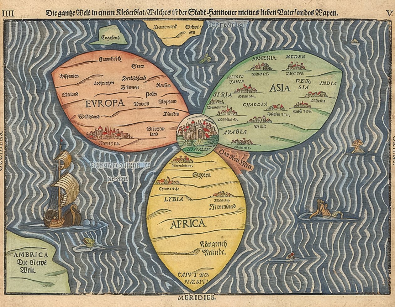 Tři kontinenty světa jako trojlístek s Jeruzalémem uprostřed. 1581 od Heinrich Bünting