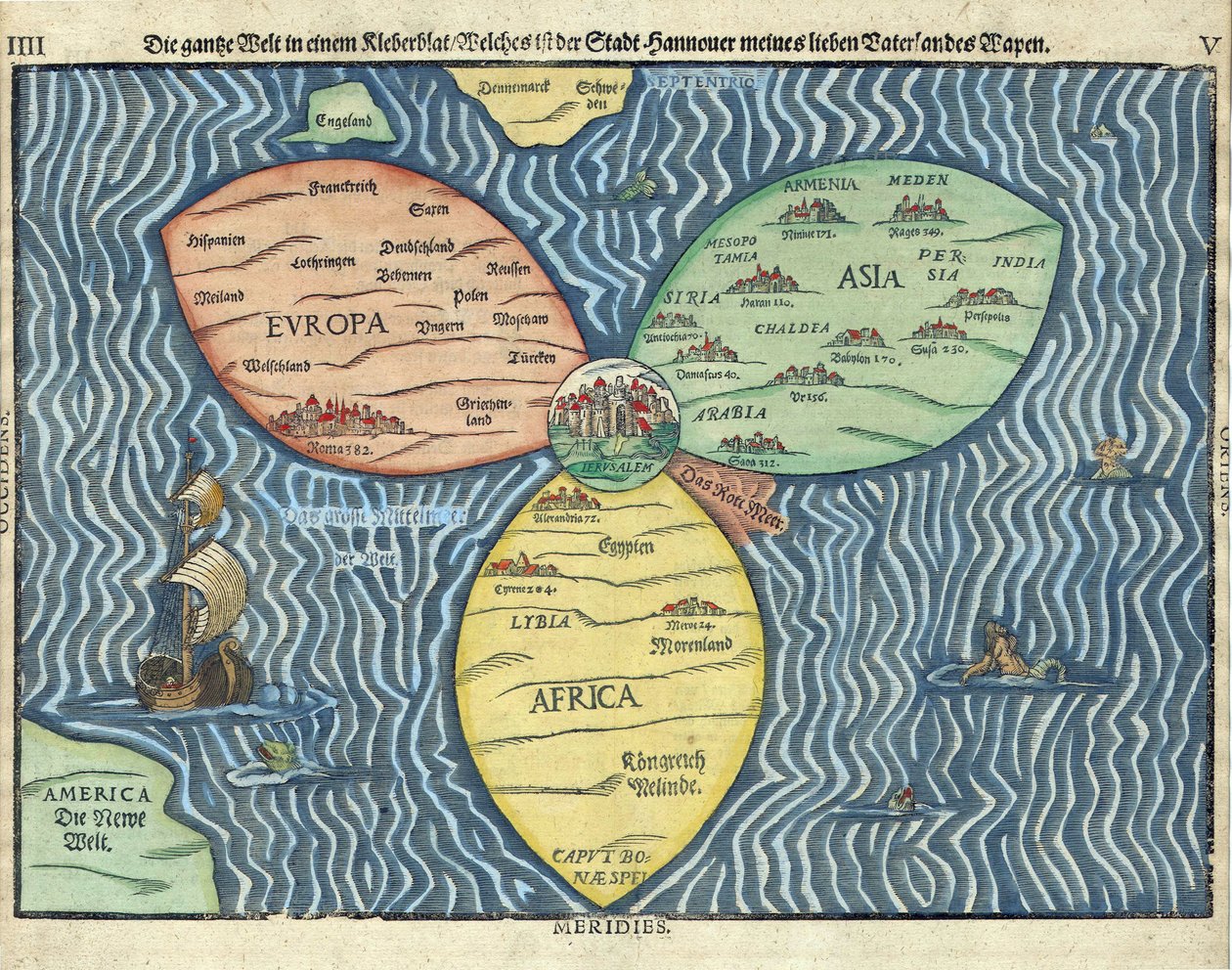 Tři kontinenty s Jeruzalémem ve středu světa par Heinrich Buntig (Buentig) (1545-1606) od Heinrich Buntig