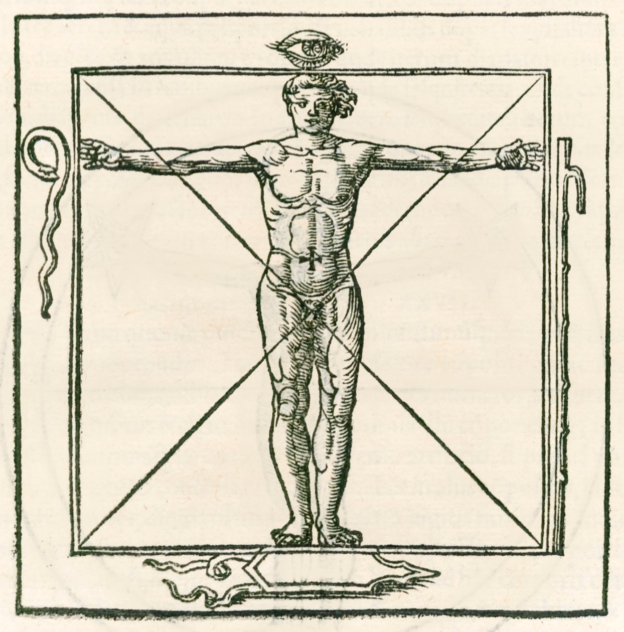Muž na náměstí obklopený symboly oka, hada, sedmi oddílů a štítu. Rytina od Heinricha Cornelia Agrippa von Nettesheim (1486-1535) De occulta philosophia libri tres (Tři B od Heinrich Cornelius Agrippa von Nettesheim