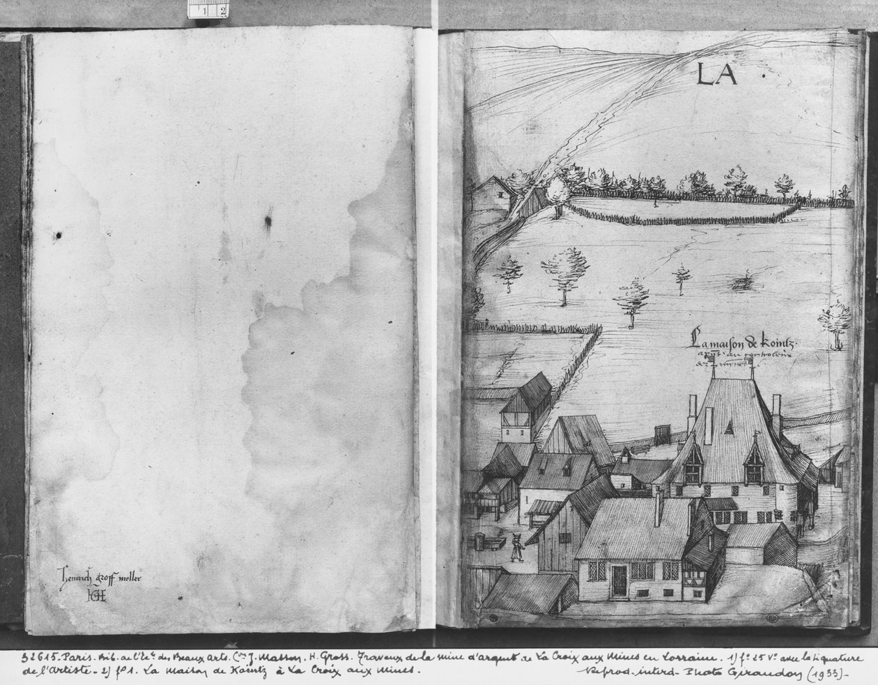 Fol.1 Vesnice La Croix-aux-Mines, Lotrinsko. Dům Kointze, správce dolů a fol.25v, podpis umělce, kolem 1530 (pero a inkoust a wc na papíře) od Heinrich Gross or Groff