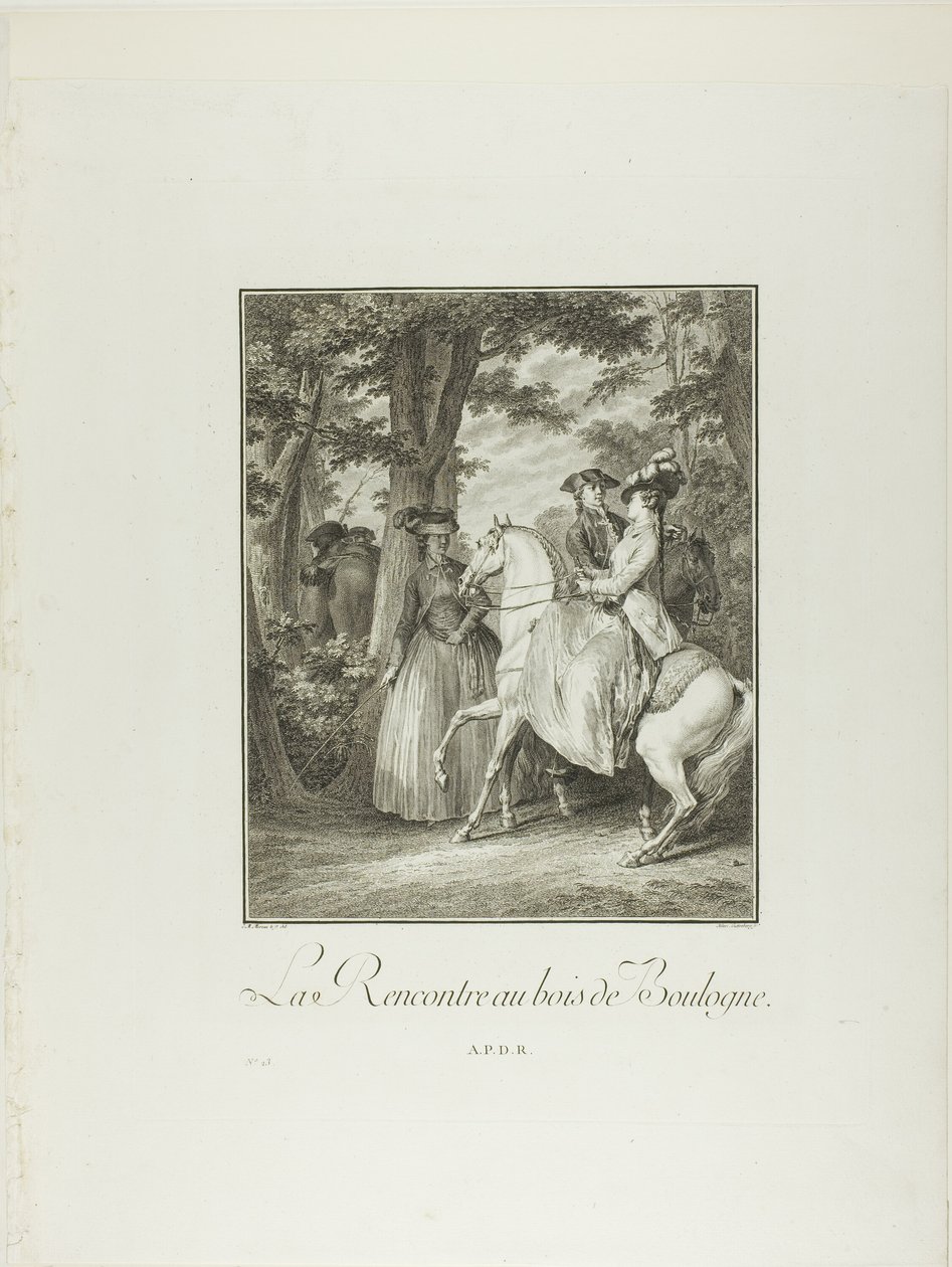 Setkání v Bouloňském lesíku, z knihy Monument du Costume Physique et Moral de la fin du Dix-huitième siècle od Heinrich Guttenberg