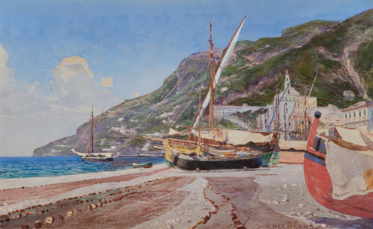 Amalfi, rybářské lodě na pláži / akvarel od H.Hermannse od Heinrich Hermanns