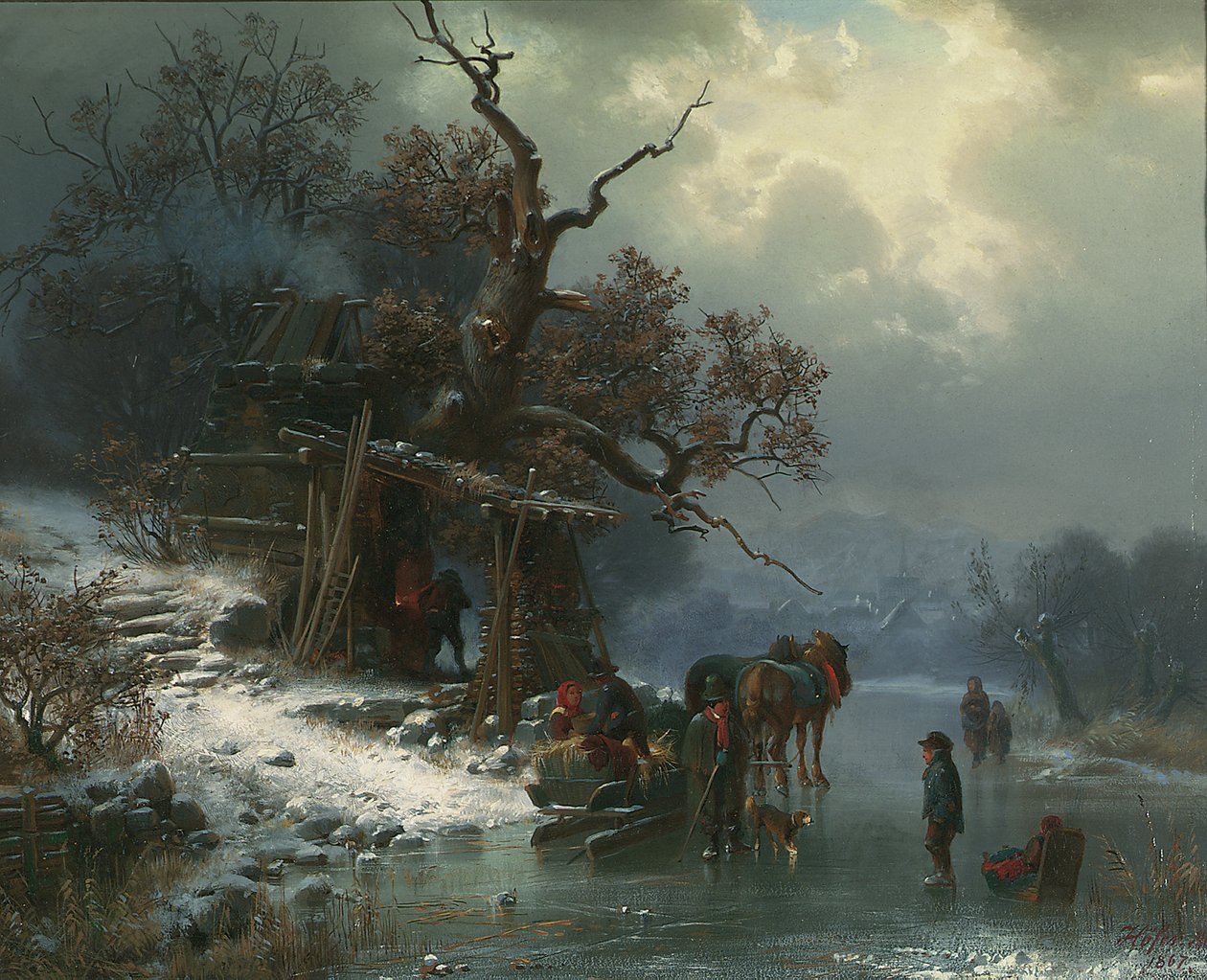 Zimní krajina s postavami na zamrzlé řece, 1867 od Heinrich Hofer