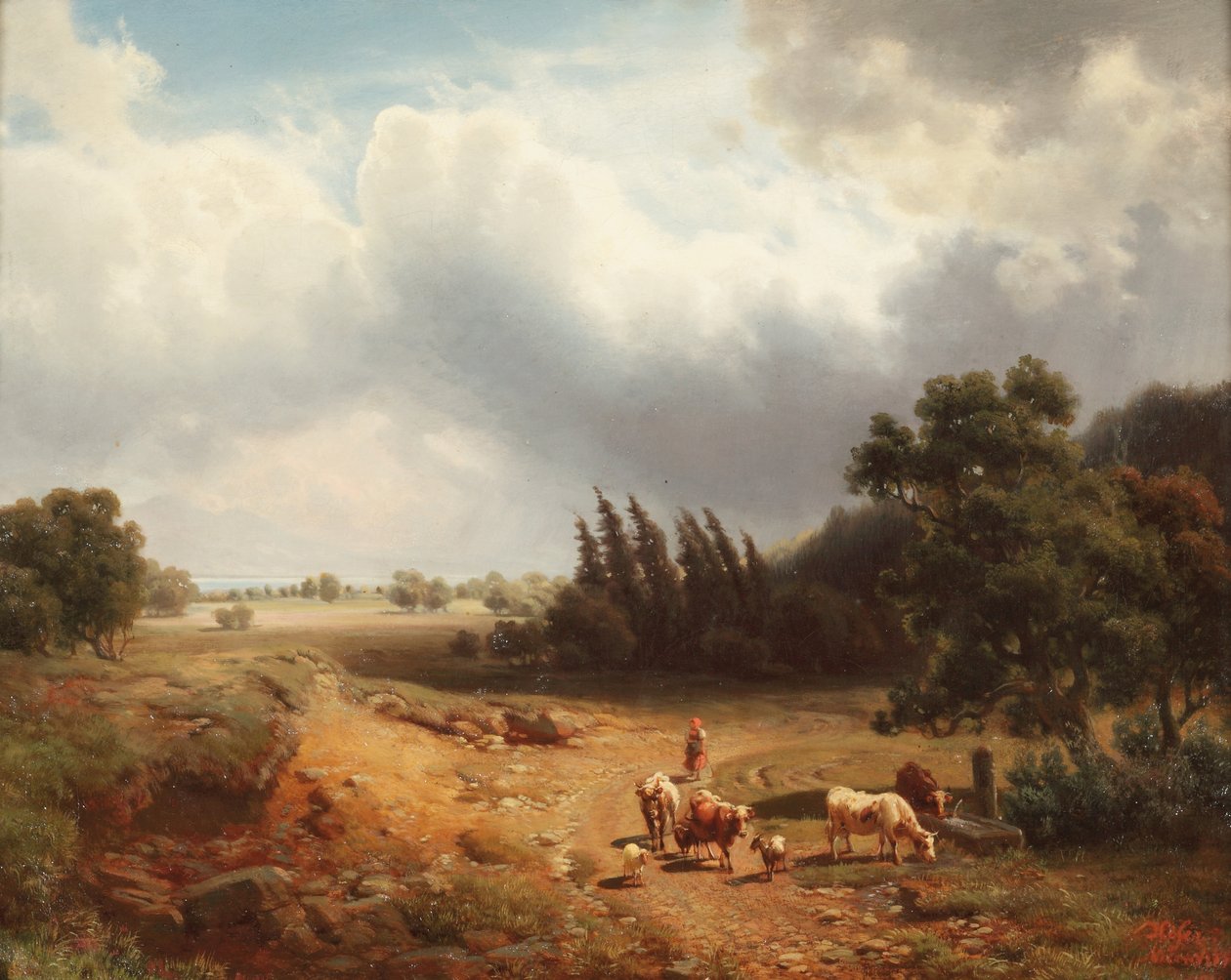Zalesněná krajina s pastýřkou a jejím dobytkem, 1862 od Heinrich Hofer