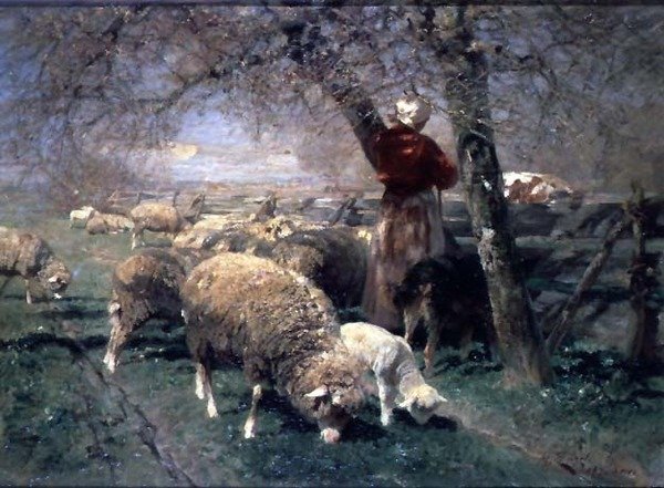 Pastýřka a ovce v krajině; od Heinrich Johann von Zugel