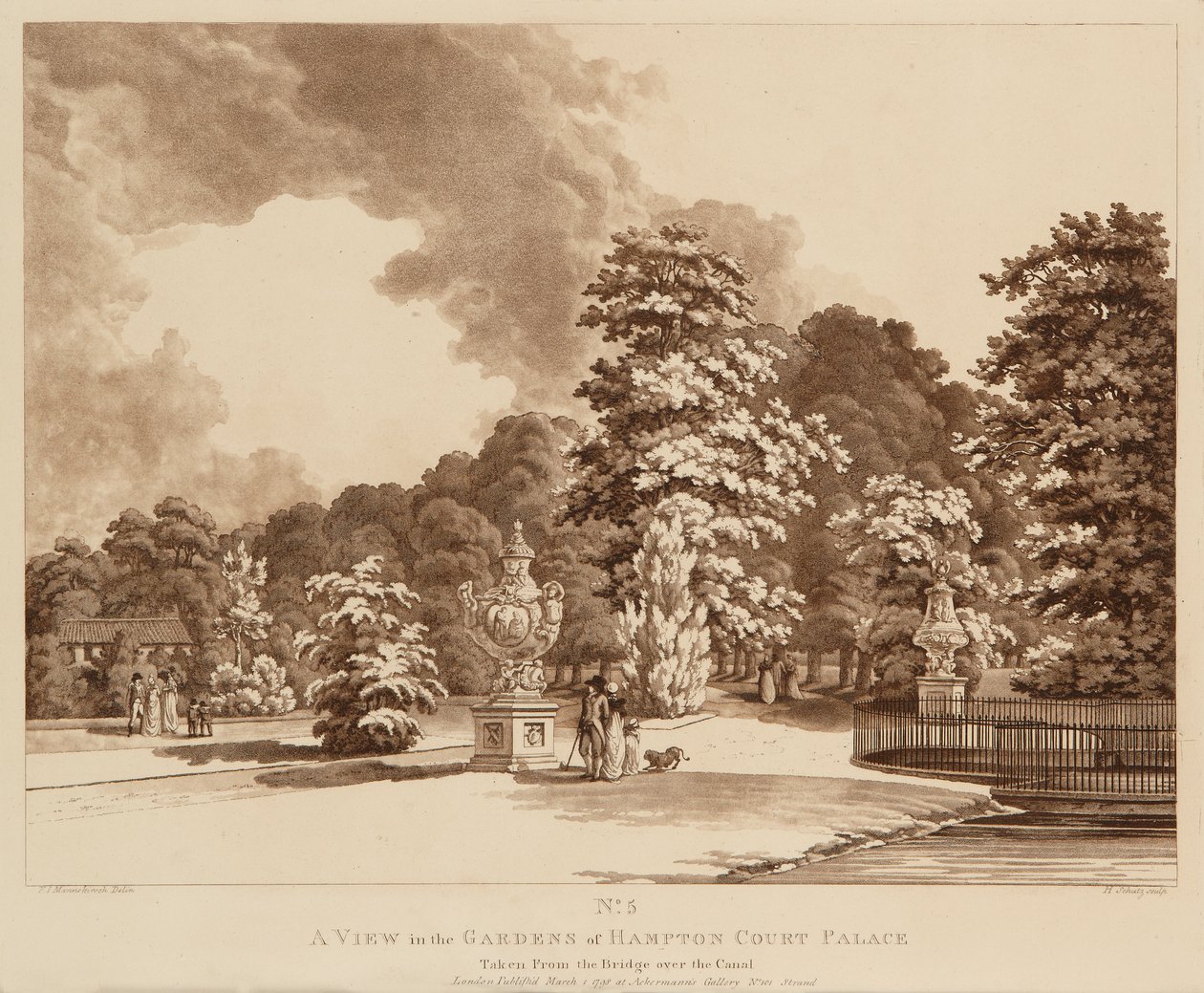 Pohled na zahrady v paláci Hampton Court (lept a akvatinta) od Heinrich Joseph Schuz
