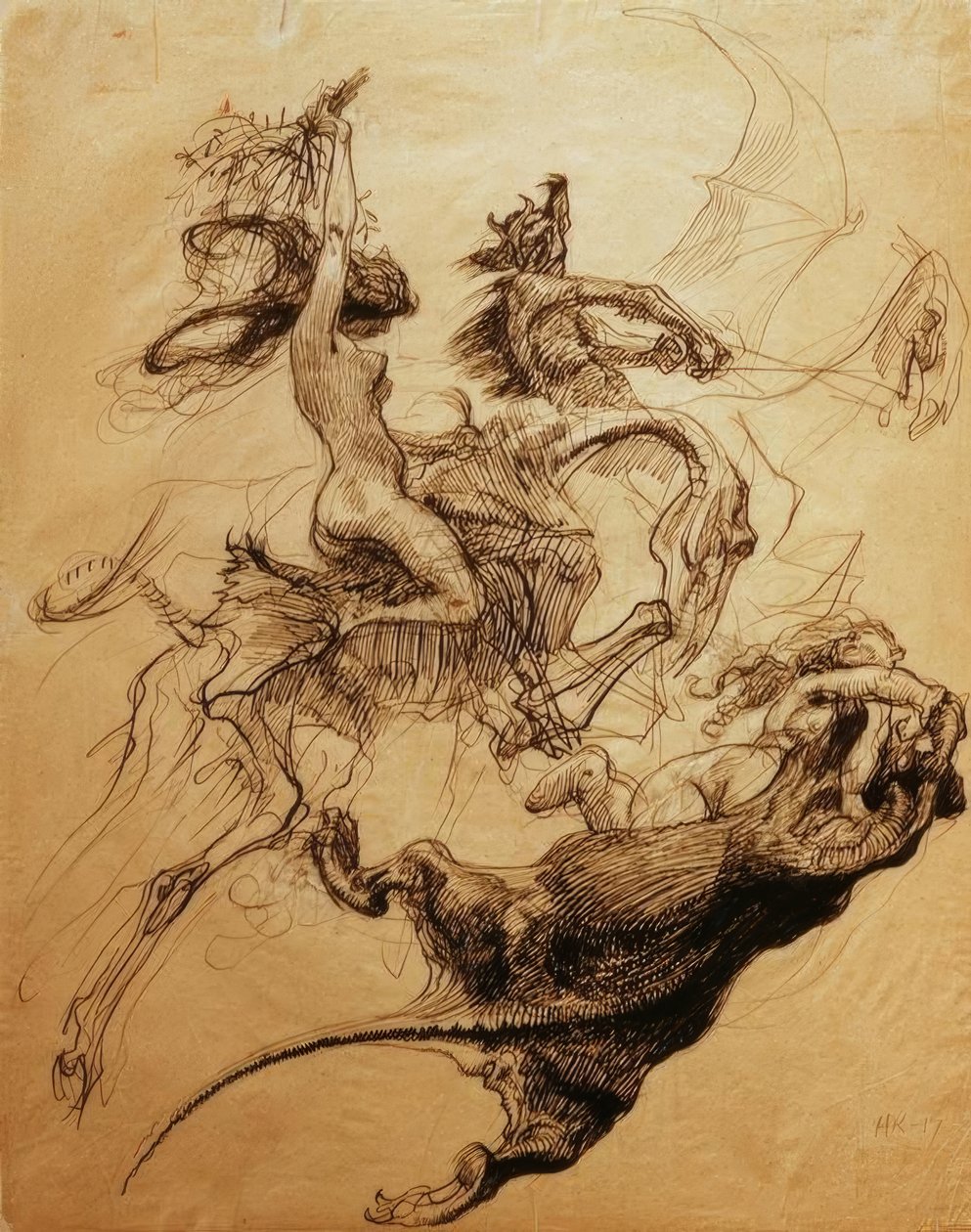 Nahá žena na kostře a ďábel na koni pterodaktyla od Heinrich Kley