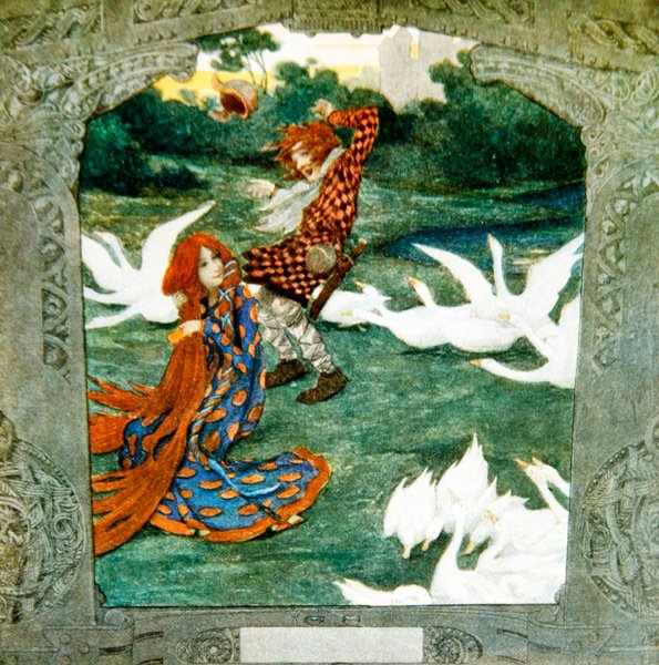 Princezna - nyní husí dívka - kouzlí vítr, aby odfoukl Conrada, klobouk stáda hus, pryč od Heinrich Lefler